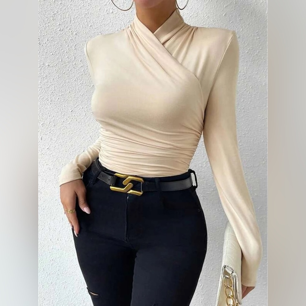COMMENSE Cross-Over Collar Pleated Cinched T-Shirt - size XSmall, Medium